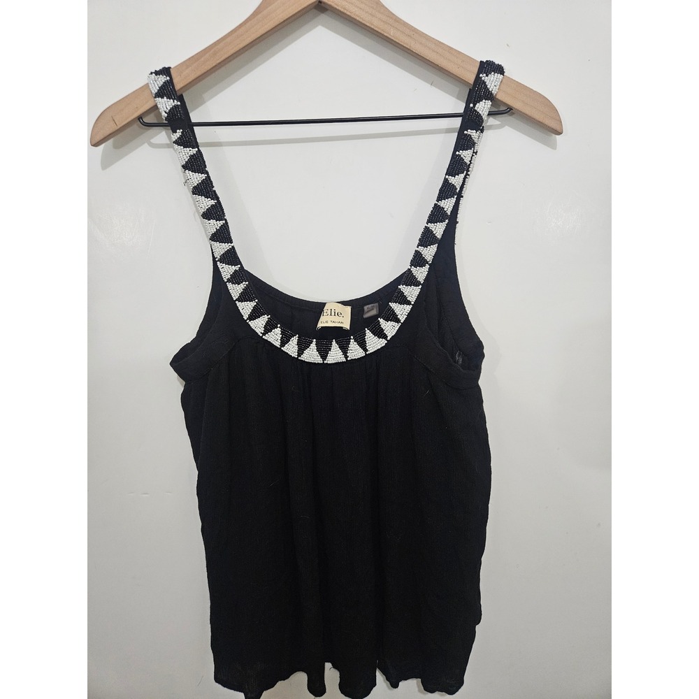 Elie Tahari XL Black Beaded Tank Top Geometric Seed Bead Y2K Boho Evening